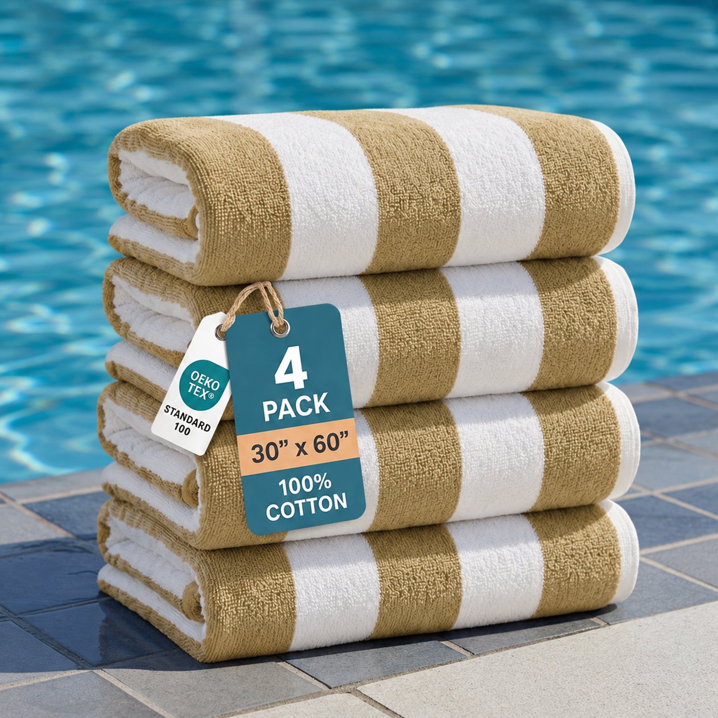 Casa Platino Turkish Beach Towel Set of 4 - 100% Cotton Cabana Striped Beach Towels For Adults (30" x 60”), Lightweight Quick Dry for Swimming, Travel and Outdoor Use - Biege