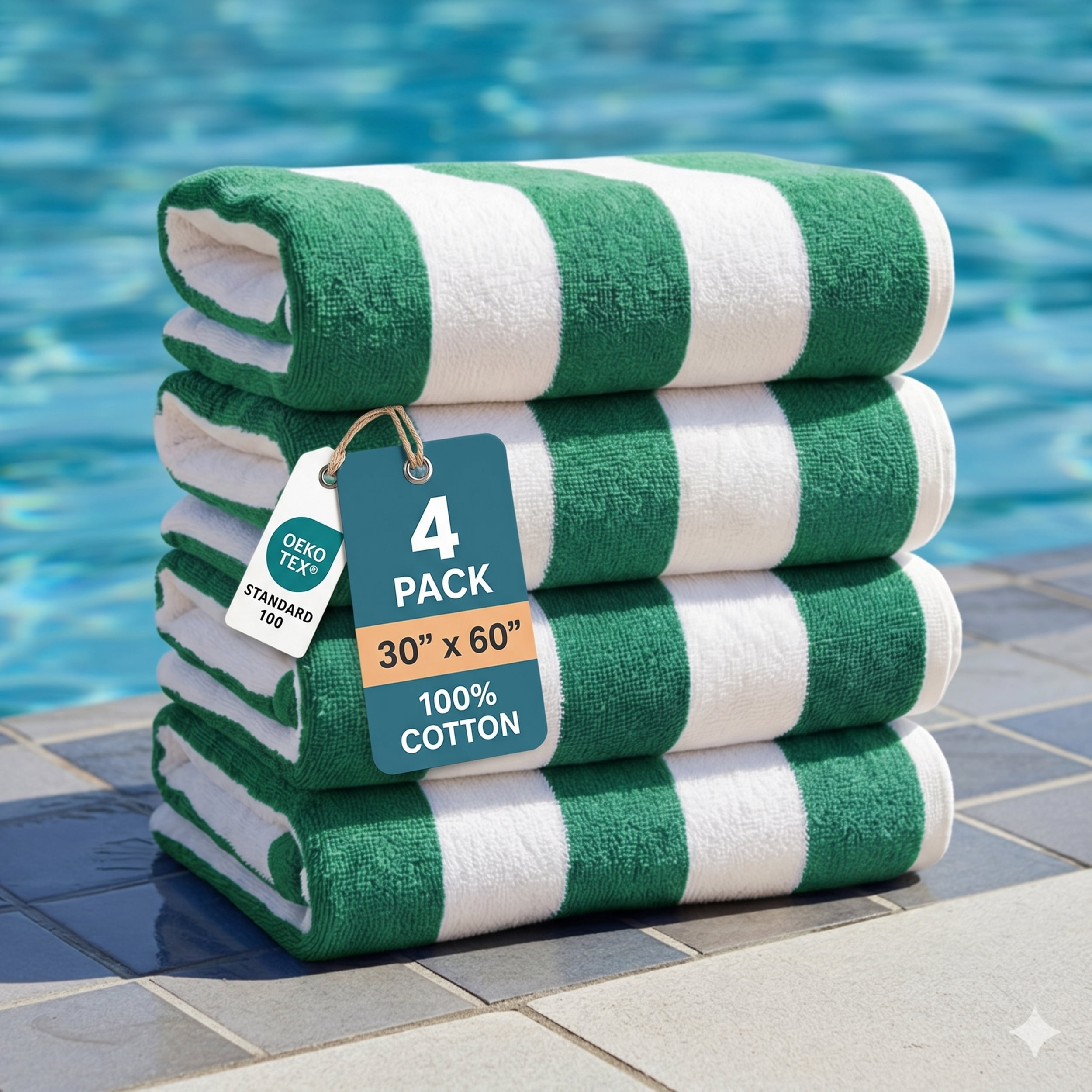 Casa Platino 100% Cotton Pool Towels - 4 Pack Cabana Striped Bath Towel,Quick Dry Absorbent Towels for Swimming Lessons, Pools and Lake Adventures - Green