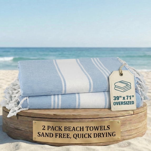 Casa Platino Beach Towels 2 Pack, Lightweight & Sand Free, Quick Dry Cotton Towels for Poolside, Travel & Summer Beach Fun – Sky Blue