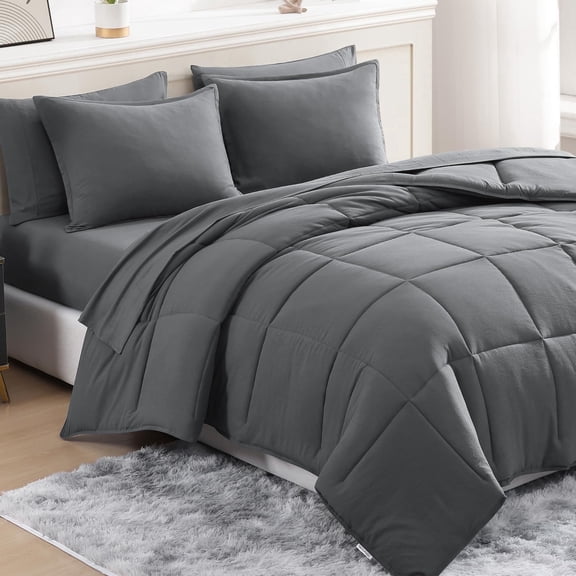 Casa Platino California King Bed Set Pre-Washed Soft Microfiber California King Size Bed in a Bag with Comforter, Flat Sheet, Fitted Sheet, 2 Pillowcases & 2 Shams Charcoal
