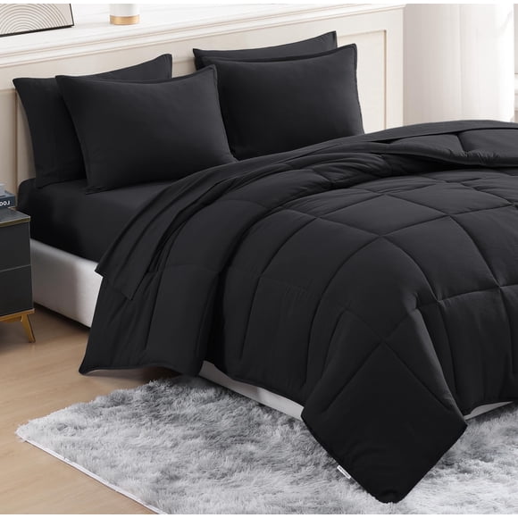 Casa Platino California King Size Black Comforter Set 7 pieces Pre-Washed - Microfiber California King Size Bed Set  Includes Comforter, Flat Sheet, Fitted Sheet, 2 Pillowcases & 2 Pillow Shams