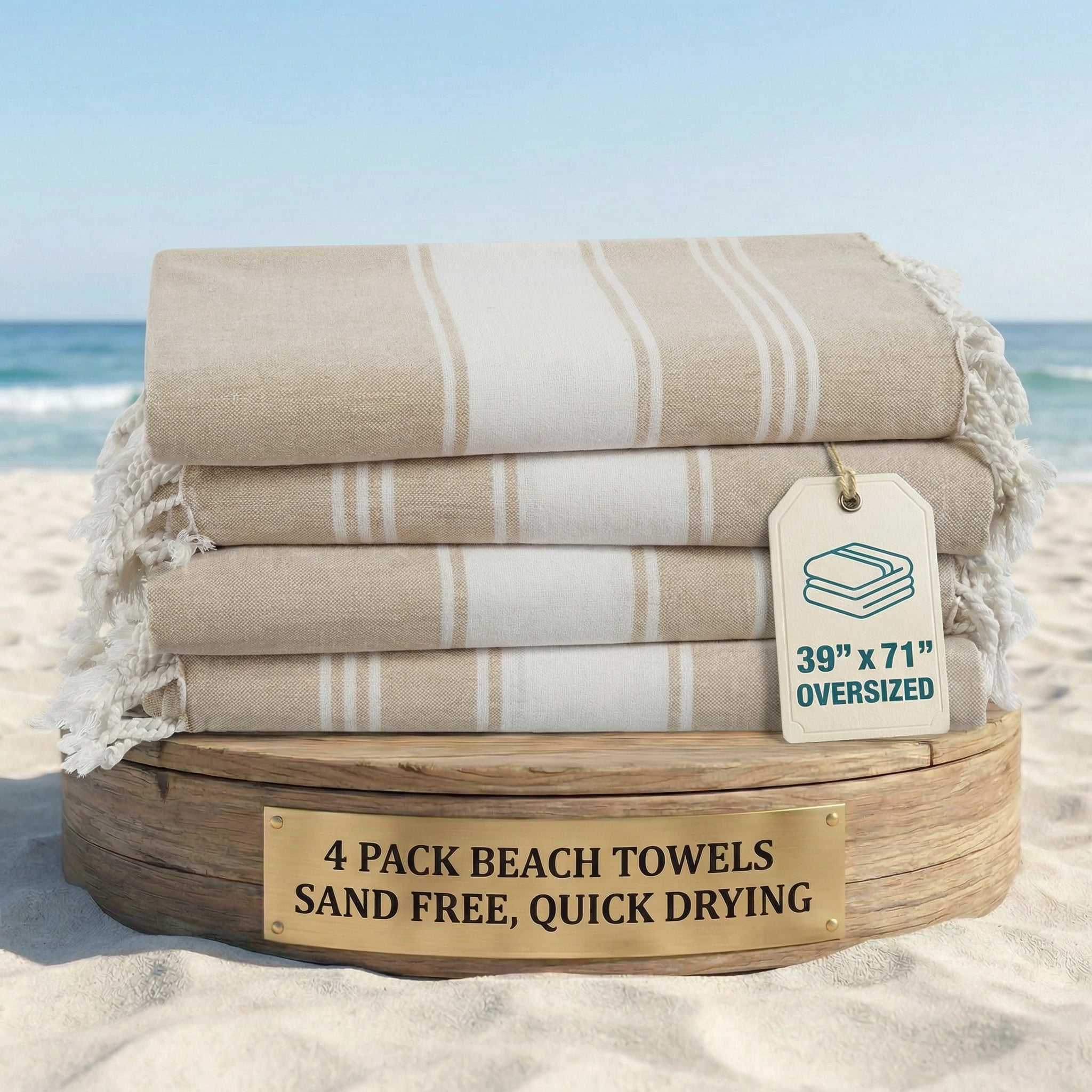 Casa Platino Cotton Beach Towels 4 Pack – Oversized, Sand Free, Ideal for Travel and Family Fun at the Beach – Beige