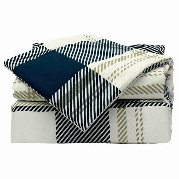 Casa Platino Flannel Sheet Set, 100% Cotton, 3 Piece Deep Pocket Bed Sheets - Twin Size, Navy Check