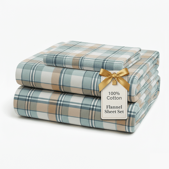 Casa Platino Flannel Sheet Set, 100% Cotton 3 Piece Deep Pocket Fitted Bed Sheets, Twin XL, White Plaid