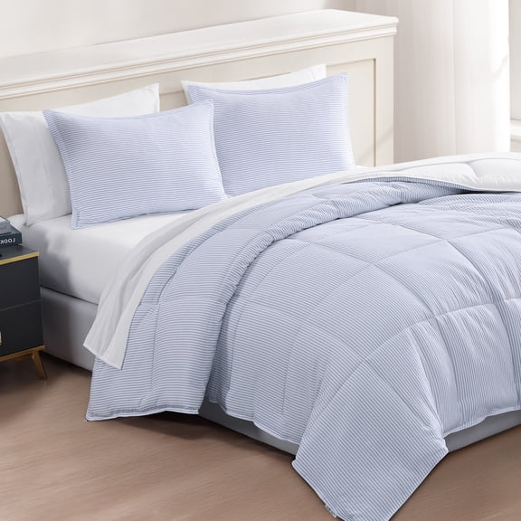 Casa Platino Full Comforter Set Pre-Washed – 7 Piece Bed in a Bag – Brushed Soft Microfiber Full Bedding Set with Comforter, Flat Sheet, Fitted Sheet, 2 Pillowcases & 2 Shams - Ticking Stripe Blue