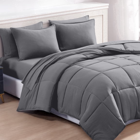 Casa Platino Full Comforter Set Pre-Washed – 7 Piece Bed in a Bag – Brushed Soft Microfiber Full Bedding Set with Comforter, Flat Sheet, Fitted Sheet, 2 Pillowcases & 2 Shams - Grey