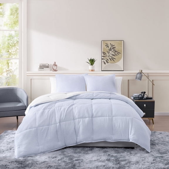 Casa Platino Full Comforter Set Pre-Washed – 7 Piece Bed in a Bag – Brushed Soft Microfiber Full Bedding Set with Comforter, Flat Sheet, Fitted Sheet, 2 Pillowcases & 2 Shams - Ticking Stripe Blue