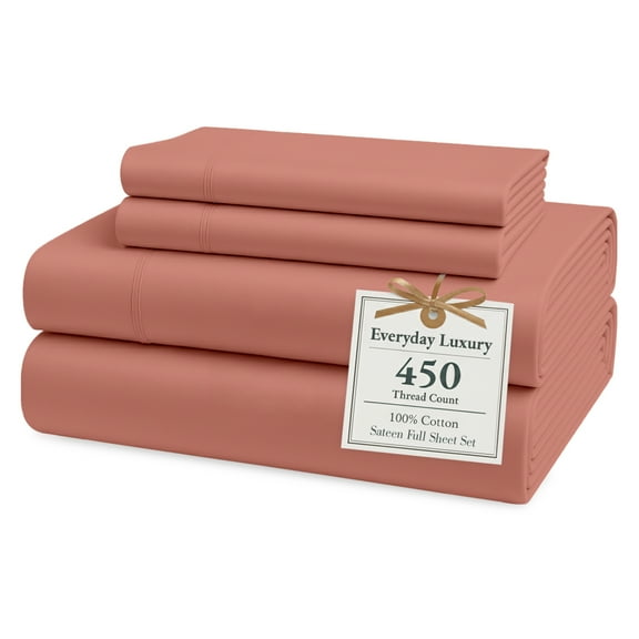Casa Platino Full Size Bed Sheet Set - 100% Cotton Sheets Full Size Set, 450 Thread Count Soft Satin Sheets Full, 4 PC Full Size Sheets Set, Breathable Sheet & Pillowcases, Deep Pocket - Rose Dawn