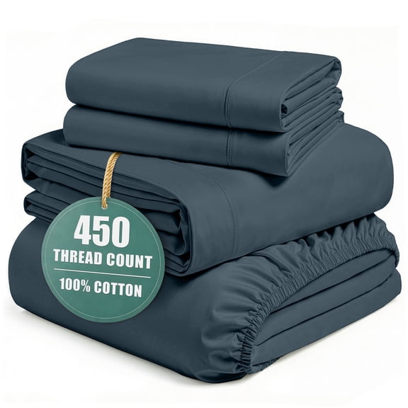 Casa Platino Full Size Bed Sheet Set - 100% Cotton Sheets Full Size Set, 450 Thread Count Soft Satin Sheets Full, 4 PC Full Size Sheets Set, Breathable Sheet & Pillowcases, Deep Pocket - Estate Blue