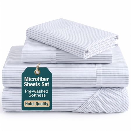 Casa Platino Full Size Bed Sheets Set - Washed Ultra-Soft Microfiber Full Bed Sheets - Extra Soft - 4 Piece Set - Bedding Sheets & Pillowcases, Full-Ticking Stripe Blue