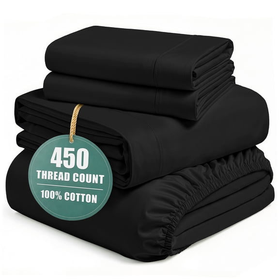 Casa Platino Full Size Sheet Set - 100% Cotton Bed Sheets, 450 Thread Count Soft Satin Bed Sheets, Breathable Bedding Sheets & Pillowcases, 4PC Full Bed Sheets Set, Deep Pocket Sheets - Black Sheets