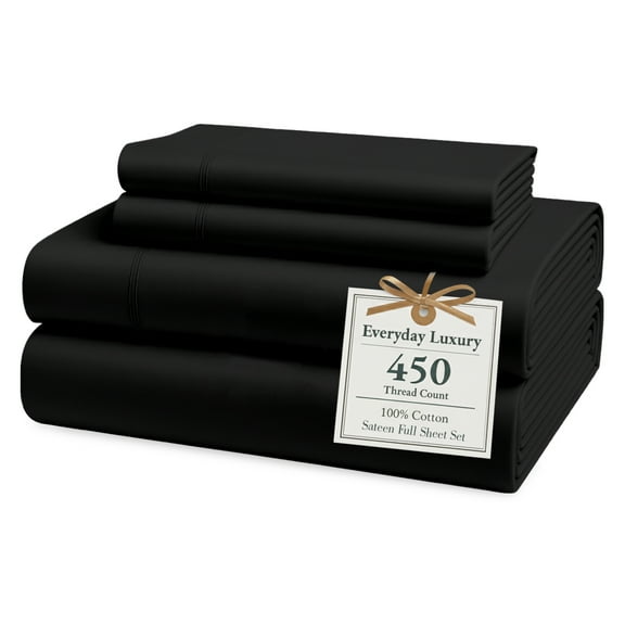 Casa Platino Full Size Sheet Set - 100% Cotton Bed Sheets, 450 Thread Count Soft Satin Bed Sheets, Breathable Bedding Sheets & Pillowcases, 4PC Full Bed Sheets Set, Deep Pocket Sheets - Black Sheets