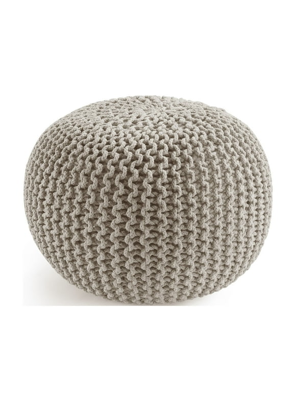 Casa Platino Hand Knitted Cable Style Dori Pouf, Floor Pouf Ottoman, 100% Cotton Braid Cord - Handmade & Hand Stitched - Ivory