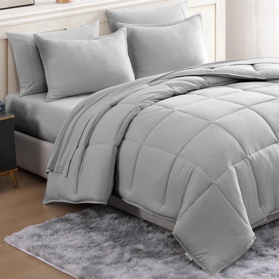 Casa Platino King Size Comforter Set Pre-Washed – 7 Piece Bed in a Bag – Brushed Microfiber King Comforter Set – Includes Comforter, Flat Sheet, Fitted Sheet, 2 Pillowcases & 2 Pillow Shams- Silver