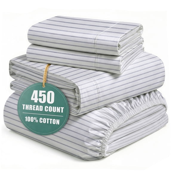 Casa Platino 100% Cotton Sheets King – 450TC Cooling King Bed Sheets, Premium Hotel Sateen Finish, Oeko-Tex Certified, Silky Smooth Comfort, Easycare – Ticking Stripe