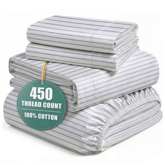 Casa Platino 100% Cotton Sheets King – 450TC Cooling King Bed Sheets, Premium Hotel Sateen Finish, Oeko-Tex Certified, Silky Smooth Comfort, Easycare – Ticking Stripe