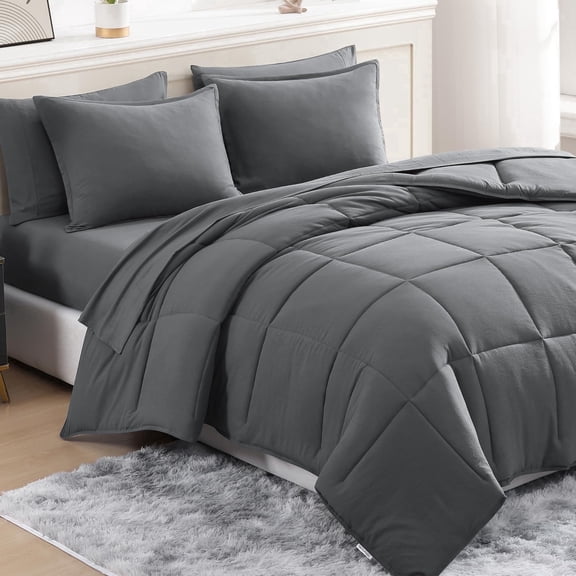Casa Platino King Size Comforter Set Pre-Washed 7 Piece Bed in a Bag Brushed Microfiber King Comforter Set Includes Comforter, Flat Sheet, Fitted Sheet, 2 Pillowcases & 2 Pillow Shams- Charcoal