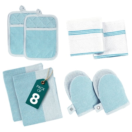 Casa Platino Kitchen Set Pack of 8, Oven Mitts Pot Holders Pad and Towel Set, Cute Kitchen Starter Set, Short Oven Mitts and Kitchen Hand Towels and Dish Cloths Sets - Aqua