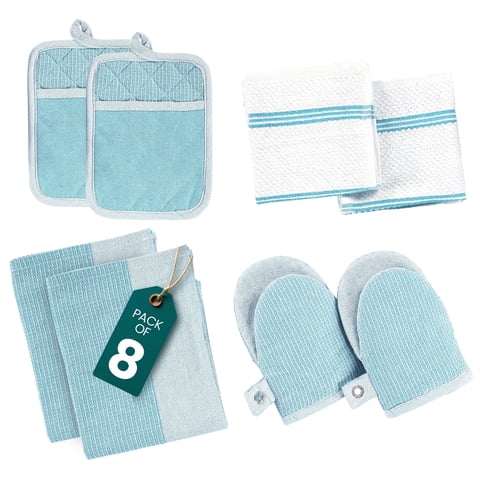 Casa Platino Kitchen Set Pack of 8, Oven Mitts Pot Holders Pad and Towel Set, Cute Kitchen Starter Set, Short Oven Mitts and Kitchen Hand Towels and Dish Cloths Sets - Aqua