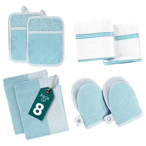 Casa Platino Kitchen Set Pack of 8, Oven Mitts Pot Holders Pad and Towel Set, Cute Kitchen Starter Set, Short Oven Mitts and Kitchen Hand Towels and Dish Cloths Sets - Aqua