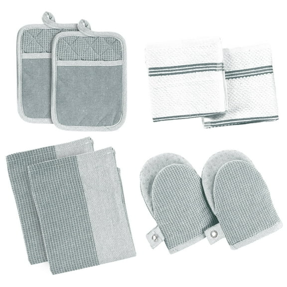 Casa Platino Kitchen Set Pack of 8, Oven Mitts Pot Holders Pad and Towel Set, Cute Kitchen Starter Set, Short Oven Mitts and Kitchen Hand Towels and Dish Cloths Sets - Grey