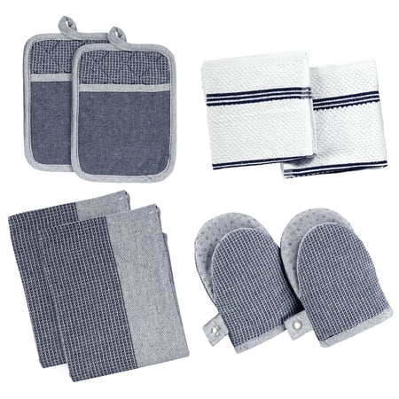Casa Platino Kitchen Set Pack of 8, Oven Mitts Pot Holders Pad and Towel Set, Cute Kitchen Starter Set, Short Oven Mitts and Kitchen Hand Towels and Dish Cloths Sets - Indigo