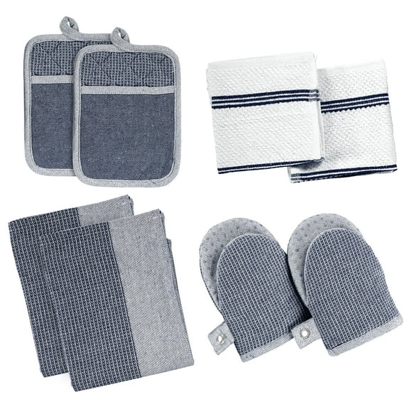 Casa Platino Kitchen Set Pack of 8, Oven Mitts Pot Holders Pad and Towel Set, Cute Kitchen Starter Set, Short Oven Mitts and Kitchen Hand Towels and Dish Cloths Sets - Indigo