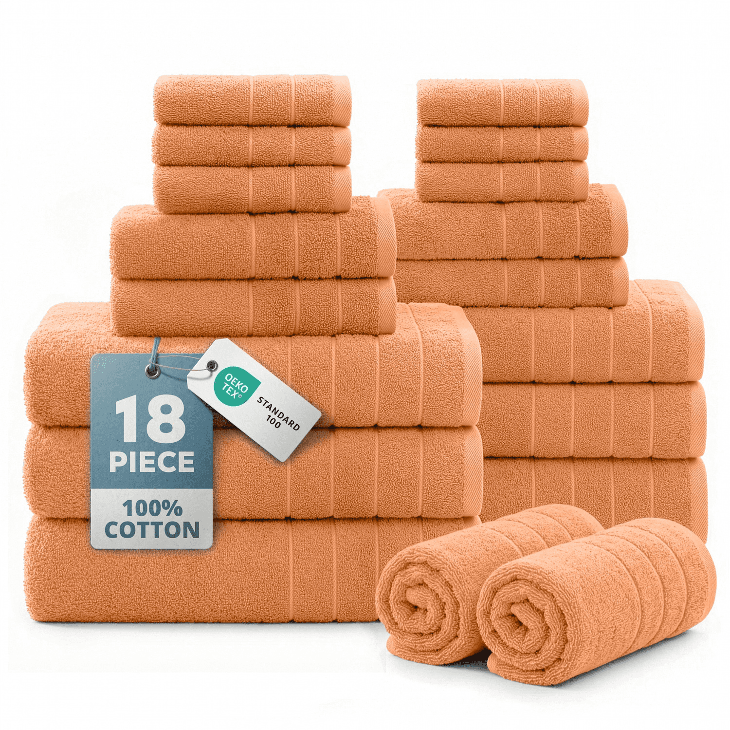 Casa Platino Luxury Towel Set - 18 Piece Set with 6 Large Bath Towels, 6 Soft Hand Towels & 6 Washcloths - 100% Ring Spun Cotton, Quick Dry - Peach Fuzz