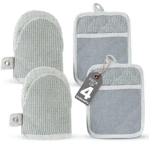 Casa Platino Oven Mitts & Pot Holders Set - 4 Pack, Heat Resistant Silicone Mini Mittens & Hot Pads for Baking, Grilling, BBQ, Microwave. Machine Washable - Grey
