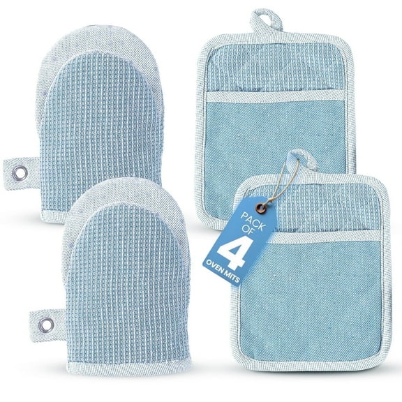 Casa Platino Oven Mitts and Pot Holders Set, Pack of 4, Heat Resistant Silicone Kitchen Mini Oven Mittens, Mini Oven Gloves and Hot Pads for Baking Grilling Barbecue Microwave - Cornflower