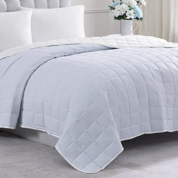 Casa Platino Thin Quilted Blanket Queen - Quilted Summer Blanket, Ultra Soft Breathable, Microfiber Down Alternative Fill, All Season Blanket - Ticking Stripe Blue White