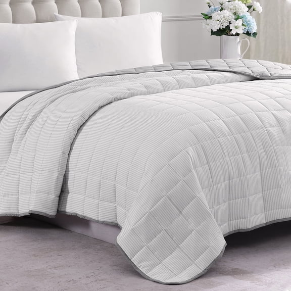 Casa Platino Quilted Blanket Twin Size - Quilted Summer Blanket, Machine Washable, Microfiber Down Alternative Fill, All Season Warm Blanket Use - Ticking Stripe Silver