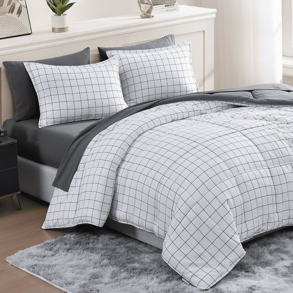 Casa Platino Queen Comforter Set 7 Piece Pre-Washed – Soft & Cozy Brushed Microfiber Queen Size Bed Set in a Bed with Comforter, Flat Sheet, Fitted Sheet, 2 Pillowcases & 2 Shams - Windowpane