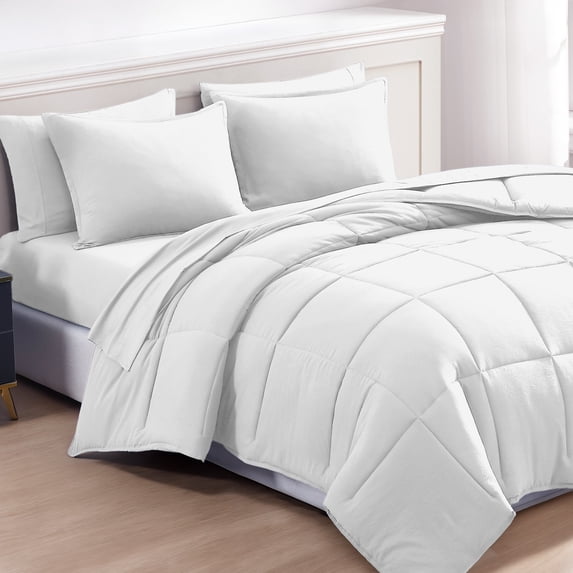 Casa Platino Queen Comforter Set 7 Piece Pre-Washed – Soft & Cozy Brushed Microfiber Queen Size Bed Set in a Bed with Comforter, Flat Sheet, Fitted Sheet, 2 Pillowcases & 2 Shams - White