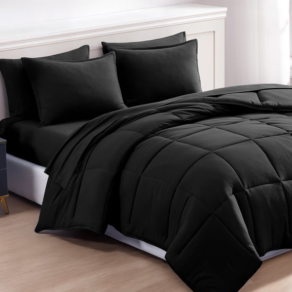 Casa Platino Queen Comforter Set 7 Piece Pre-Washed – Soft & Cozy Brushed Microfiber Queen Size Bed Set in a Bed with Comforter, Flat Sheet, Fitted Sheet, 2 Pillowcases & 2 Shams - Black