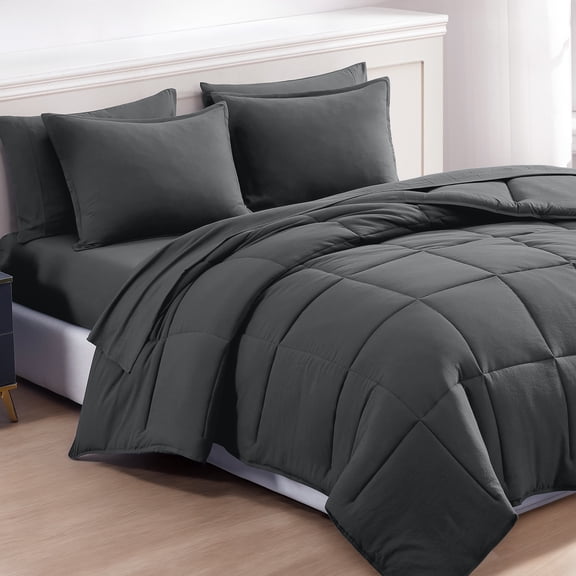 Casa Platino Queen Comforter Set Pre-Washed - 7 Piece Bed in a Bag – Soft Brushed Microfiber Queen Comforter Set – Includes Comforter, Flat Sheet, Fitted Sheet, 2 Pillowcases & 2 Shams- Charcoal