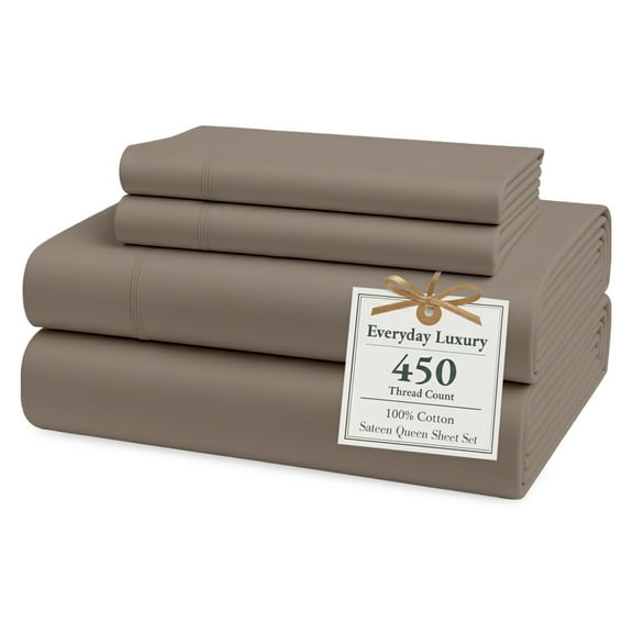 Casa Platino 100% Cotton Bed Sheets – 450 TC Queen Size Bedding Set, Cooling Sheets Queen, Hotel Sateen Finish, Fade Resistant, Premium Comfort – Taupe