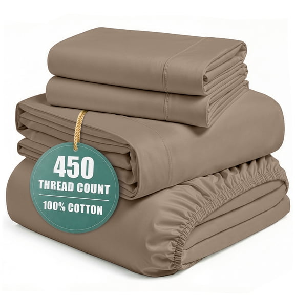 Casa Platino 100% Cotton Bed Sheets – 450 TC Queen Size Bedding Set, Cooling Sheets Queen, Hotel Sateen Finish, Fade Resistant, Premium Comfort – Taupe