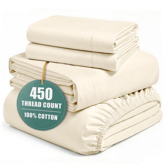 Casa Platino Queen Sheet Set – 450TC 100% Natural Cotton Cooling Bed Sheets, Hotel Luxury Soft Sateen Finish, Silky Smooth Comfort, Easy Care – Ivory