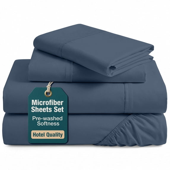 Casa Platino Queen Size Bed Sheets Set - Washed Ultra-Soft Microfiber Queen Bed Sheets - Extra Soft - 4 Piece Set - Bedding Sheets & Pillowcases, Queen-Estate Blue