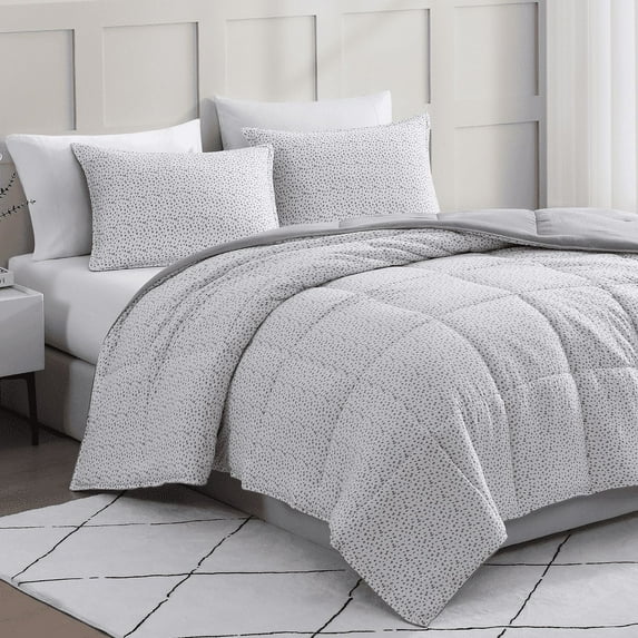 Casa Platino Queen Size Comforter Set – Duvet Insert Queen Size - Ultra Soft & Cozy Brushed Microfiber Queen Size Bedding Set with Queen Comforter & 2 Queen Shams – White Base Grey Dot