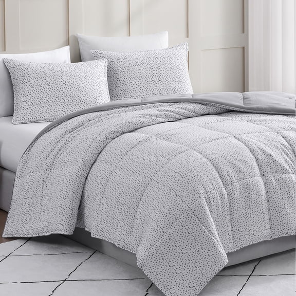 Casa Platino Queen Size Comforter Set – Duvet Insert Queen Size - Ultra Soft & Cozy Brushed Microfiber Queen Size Bedding Set with Queen Comforter & 2 Queen Shams – White Base Grey Dot