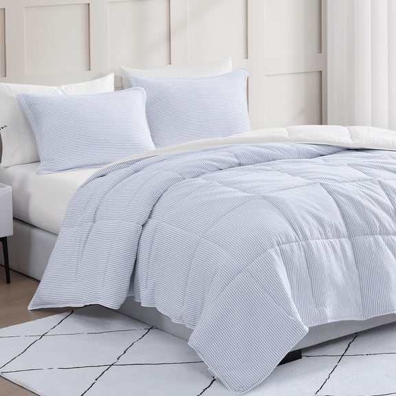 Casa Platino Queen Size Comforter Set – Soft Hydro-Brushed Pre-Washed Microfiber Comforter Set Queen - Bed Comforter Queen Set- Includes Queen Comforter & 2 Queen Pillow Shams – Ticking Stripe Blue