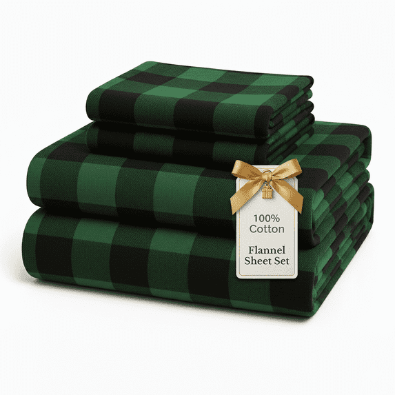 Casa Platino Queen Size Flannel Bed Sheet Set, 100% Cotton 4 Piece Deep Pocket Sheets, Buffalo Green