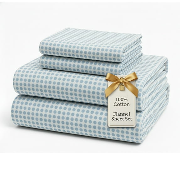 Casa Platino Queen Size Flannel Bed Sheet Set 100% Cotton 4 Piece Deep Pocket Sheets, Polka Dot Blue