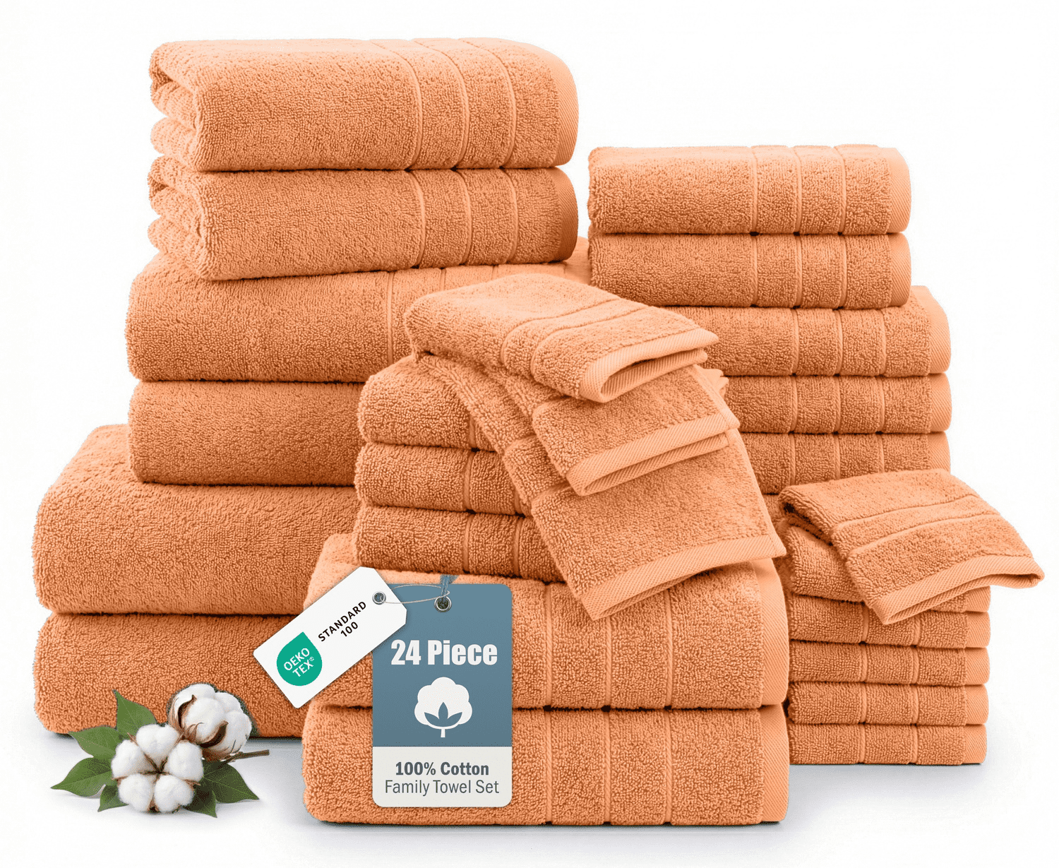 Casa Platino 100% Ring-Spun Cotton Towels Bathroom Sets Of 24 – 2 Bath Sheets, 2 Gym, 2 Bath, 4 Fingertip, 6 Hand, 8 Washcloths, Hotel-Quality Softness for Daily Living – Peach Fuzz