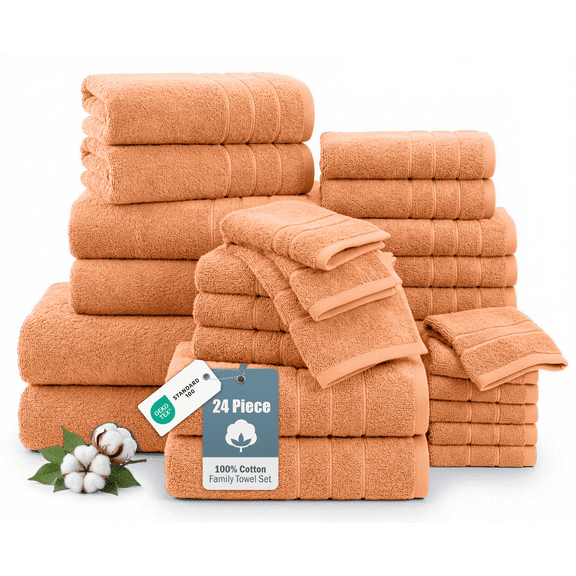 Casa Platino 100% Ring-Spun Cotton Towels Bathroom Sets Of 24 – 2 Bath Sheets, 2 Gym, 2 Bath, 4 Fingertip, 6 Hand, 8 Washcloths, Hotel-Quality Softness for Daily Living – Peach Fuzz