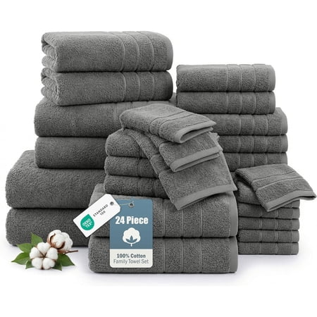 Casa Platino Towel Set of 24 – 100% Ring-Spun Cotton, 2 Bath Sheets, 2 Gym Towel, 2 Bath, 4 Fingertip, 6 Hand, 8 Washcloths, Perfect for Families, Soft After Every Wash – Ultimate Grey