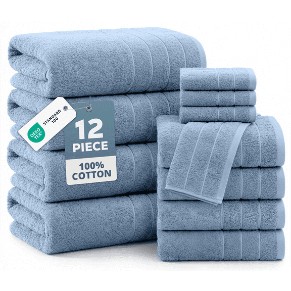 Casa Platino Bath Towel Set for Bathroom, 12 Piece Cotton Towel Set, Hand Towels & Washcloths - Soft & Durable for Everyday Use - Cerulean Blue