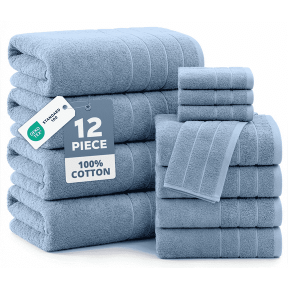 Casa Platino Bath Towel Set for Bathroom, 12 Piece Cotton Towel Set, Hand Towels & Washcloths - Soft & Durable for Everyday Use - Cerulean Blue